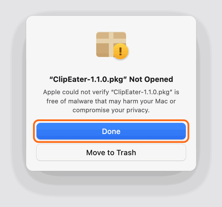 macOS dialog: ClipEater-1.1.0.pkg Not Opened — click Done