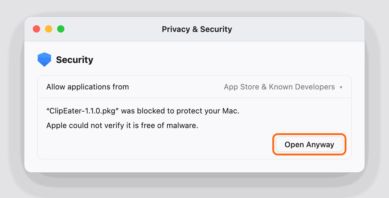 System Settings, Privacy & Security: ClipEater-1.1.0.pkg was blocked — click Open Anyway